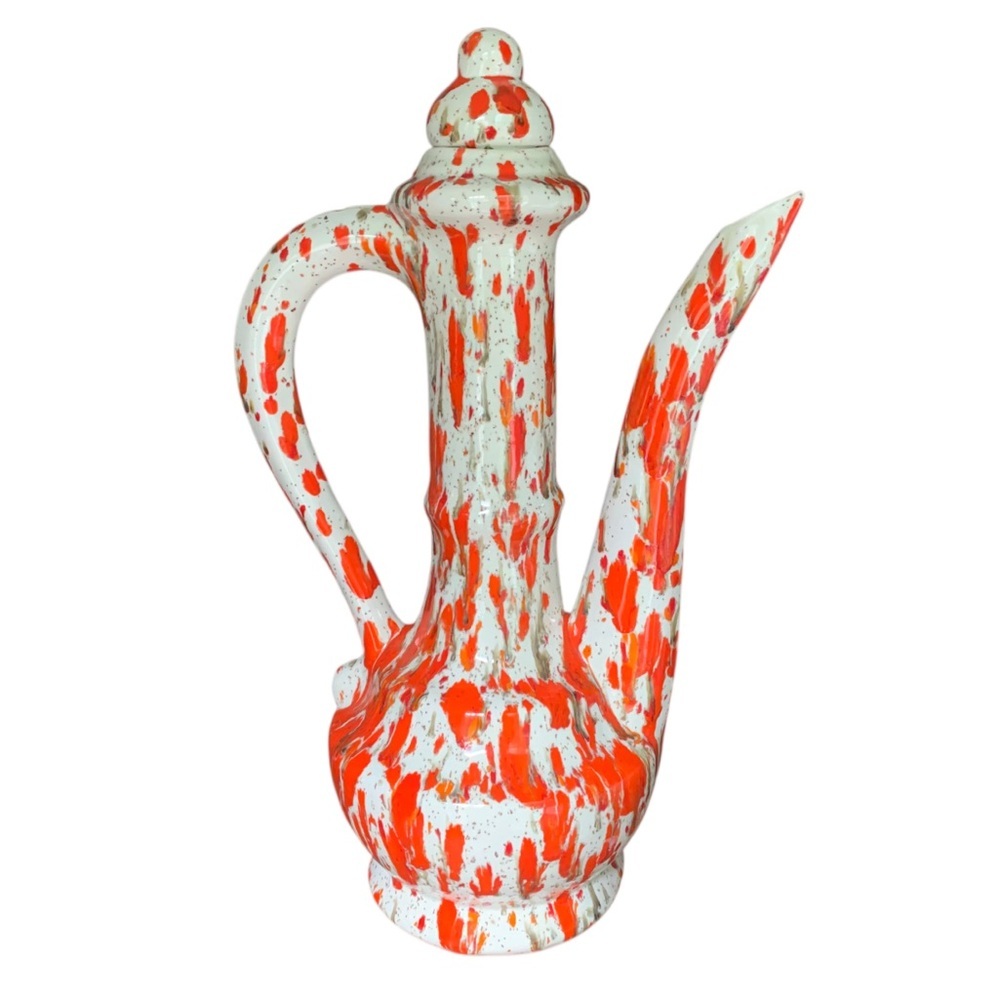 Vintage MCM Vibrant Orange Green Drip Glaze Ceramic Lidded Decanter Genie